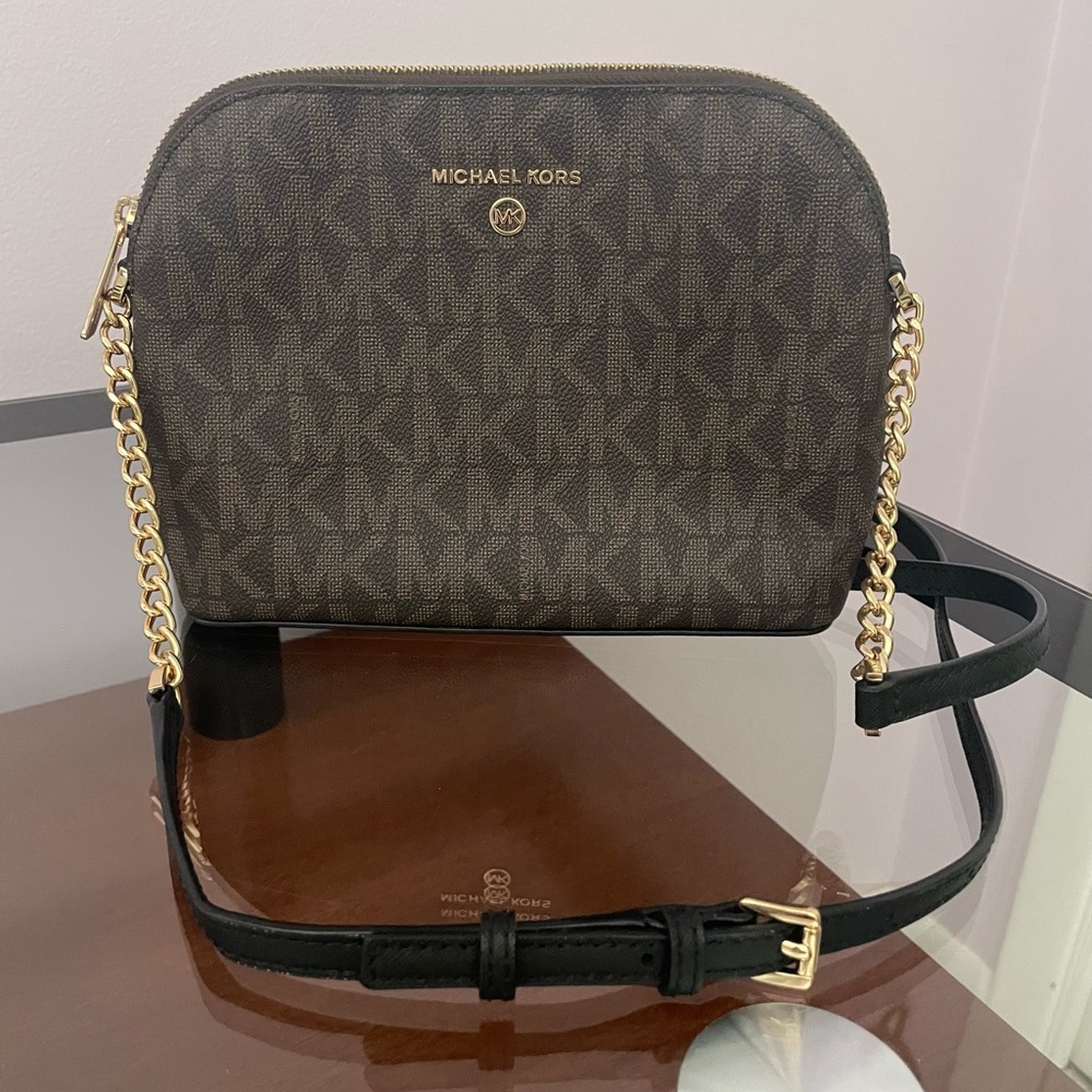 Michael Kors Brown Shoulder Bag with Monogram Pattern and Gold Hardware